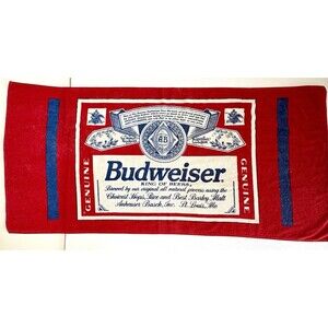 Vintage 90s Y2K Official Budweiser Red Cotton Beach Towel Bottle Label 27”x 56”